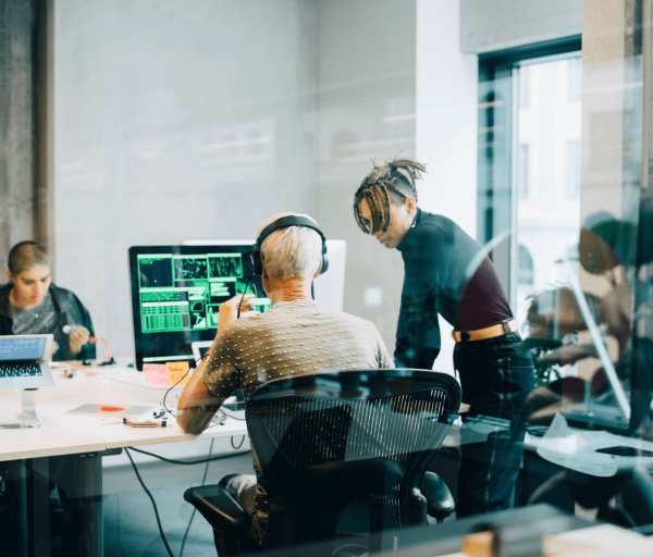 Two developers collaborating in office