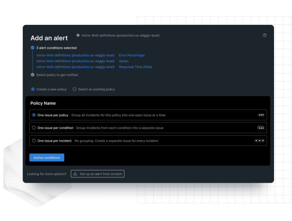 Alert policy setup and configuration interface in New Relic