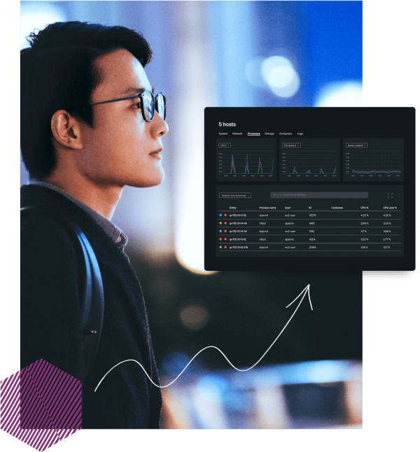 Individual with a layered New Relic dashboard graphic