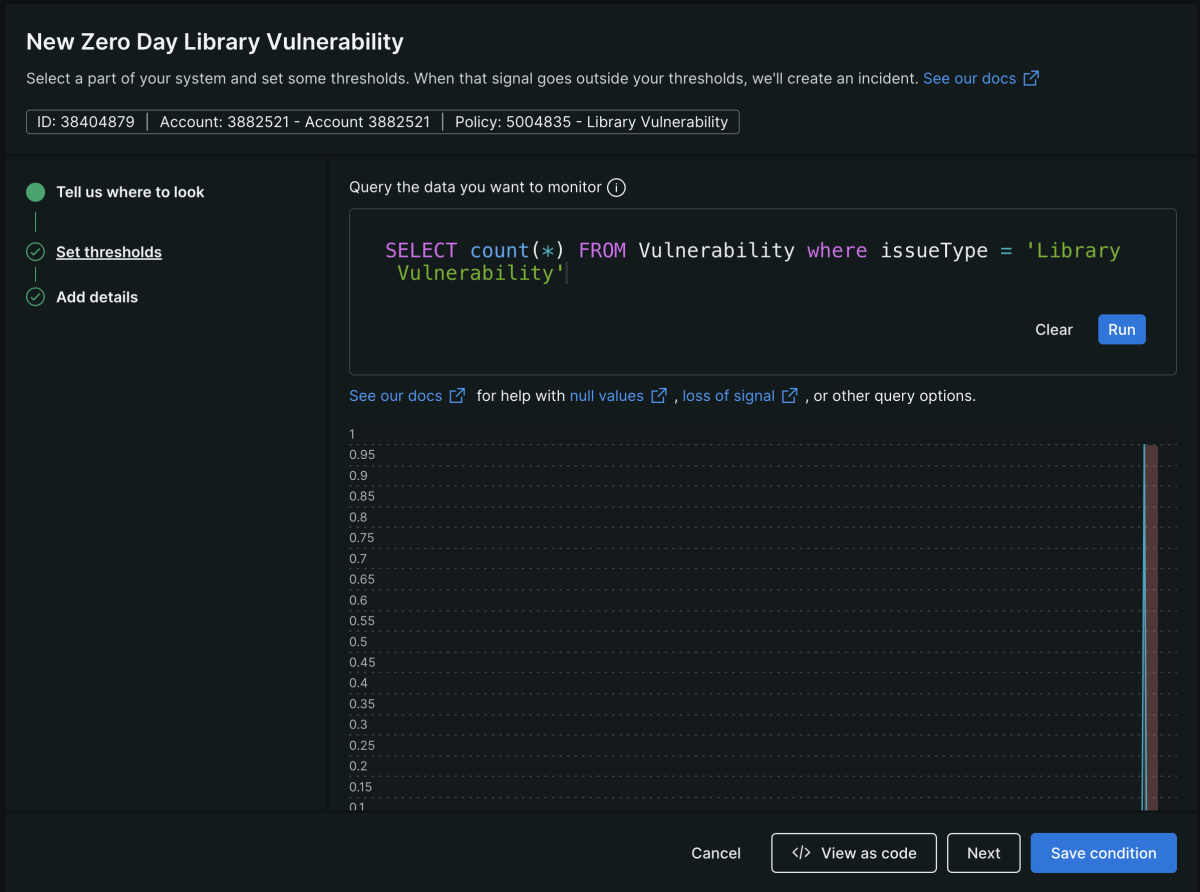 zero day vulnerability alerts alert condition nrql